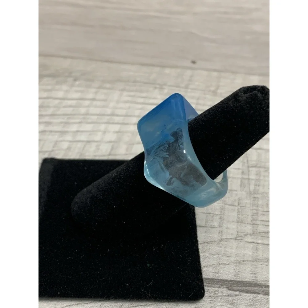 Colorful Acrylic Ring - Transparent Resin Geometric Teal Square Irregular Ring